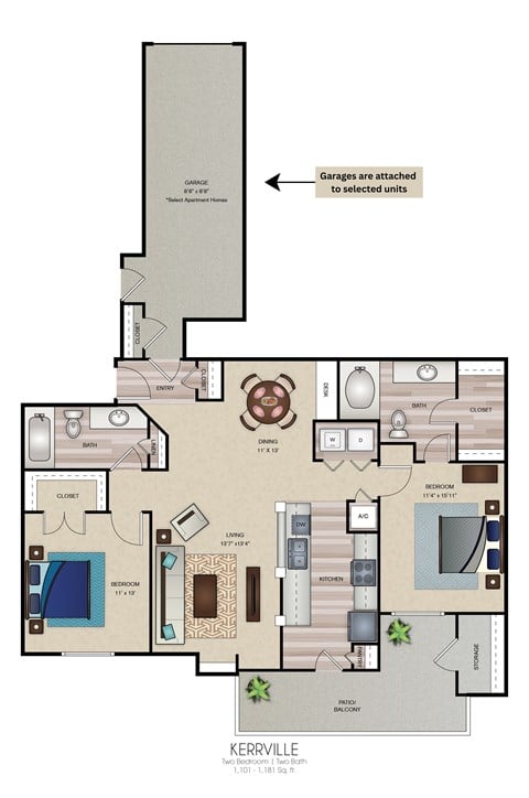 Floor plan for 2 beds, 2 baths, 1181 sqft